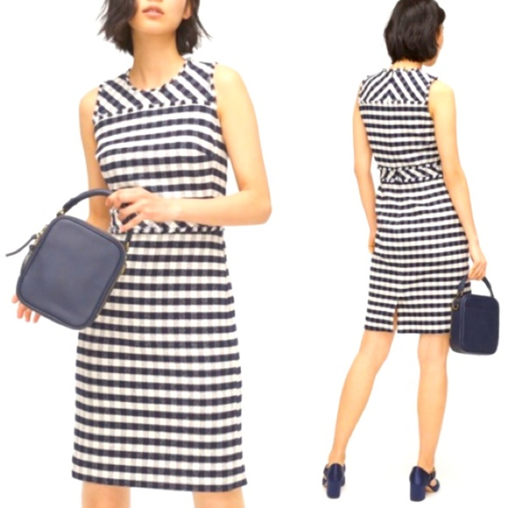 J. Crew Sheath Dress in navy gingham tweed striped sleeveless womens size 4